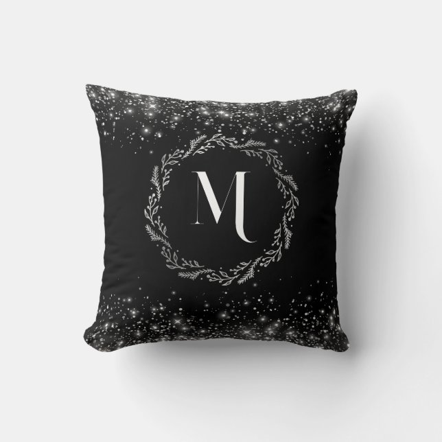 Silver Glitter And Black Elegant Monogrammed  Throw Pillow (Front)