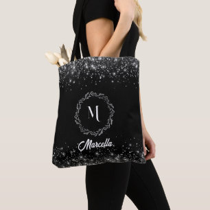 Silver Glitter And Black Elegant Monogrammed  Tote Bag