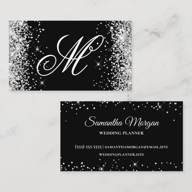 Silver Glitter and Black Fancy Monogrammed Business Card (Front/Back)