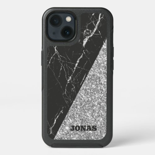 Silver Glitter And Black Marble Stone iPhone 13 Case