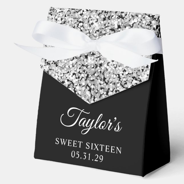 Silver Glitter and Black Sweet Sixteen Favor Boxes (Front)