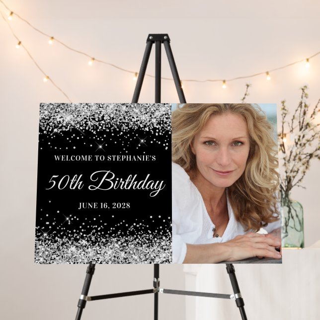 Silver Glitter and Black Welcome 50th Birthday Foam Board (In Situ (Stand))