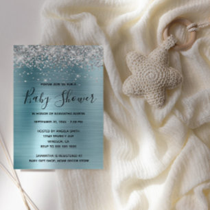 Silver Glitter and Blue Foil Baby Shower Invitation