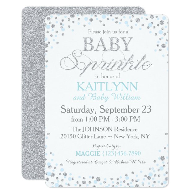 Silver Glitter And Blue Sprinkle Baby Shower Invitation
