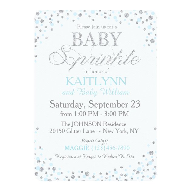 Silver Glitter And Blue Sprinkle Baby Shower Invitation