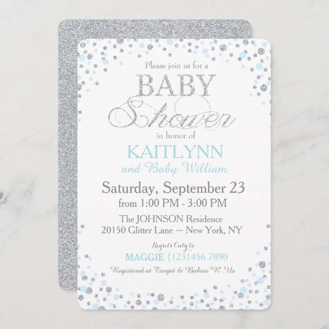 Silver Glitter and Blue Sprinkle Baby Shower Invitation (Front/Back)