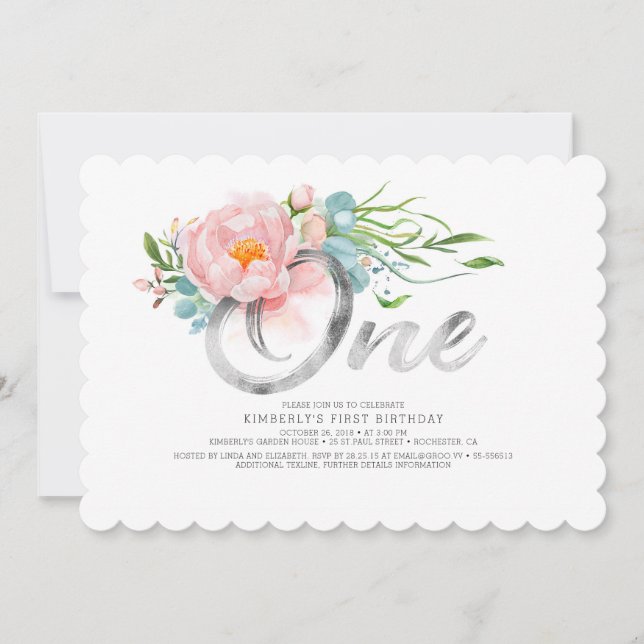 Silver Glitter and Blush Pink Flowers 1st Birthday Invitation (Front)