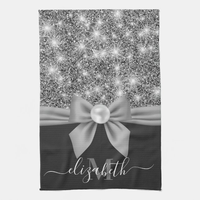 Silver Glitter and Bow Kitchen Towel (Vertical)