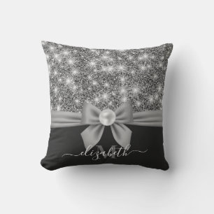 Silver Glitter and Bow Throw Pillow