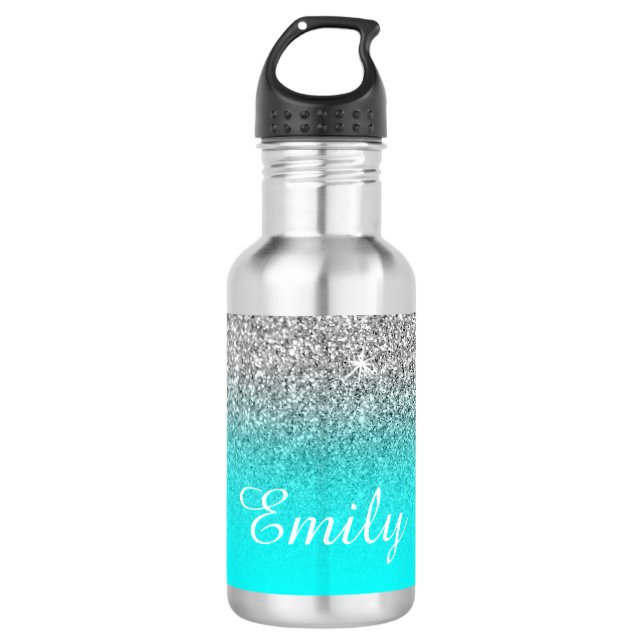 Silver Glitter and Bright Aqua Ombre Stainless Steel Water Bottle (Front)