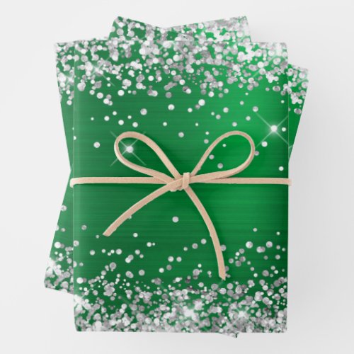 Silver Glitter and Bright Holiday Green Ombre Foil Wrapping Paper Sheets