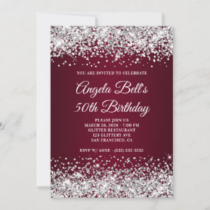 Silver Glitter and Burgundy Gradient 50th Birthday Invitation