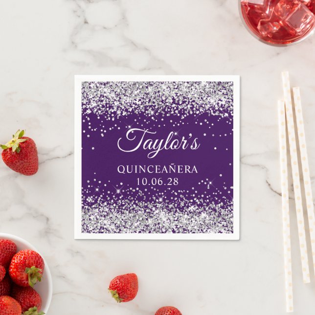 Silver Glitter and Dark Purple Quinceañera Napkins (Insitu)