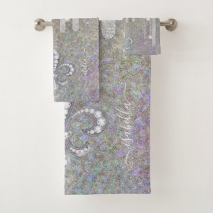 Silver Glitter And Diamonds On  Rainbow Glitter Bath Towel Set
