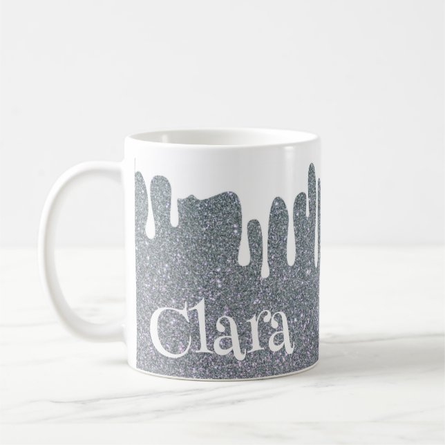 Silver Glitter and Dripping White Personalized  Coffee Mug (Left)