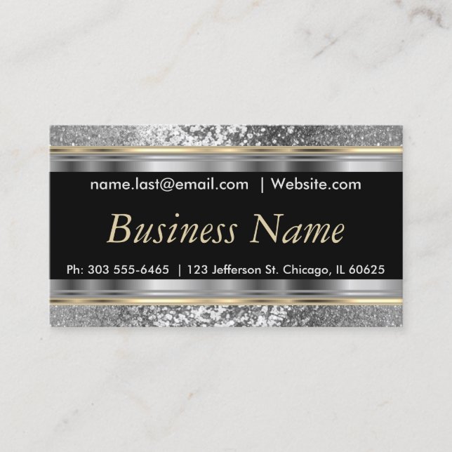 Silver Glitter and Elegant Gold and Silver Business Card (Front)