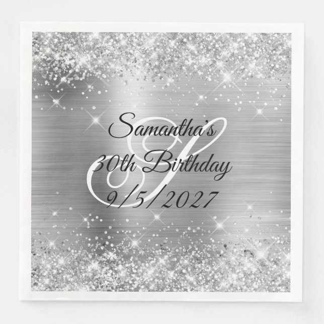 Silver Glitter and Foil 30th Birthday Paper Dinner Napkins (Front)
