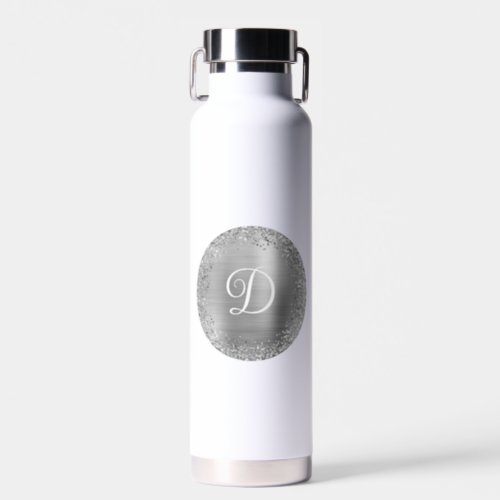 Silver Glitter and Foil Circle Monogram Water Bottle