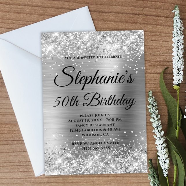 Silver Glitter and Foil Fancy Monogram Invitation (Create your own silvery glitter and foil artwork birthday invite.)