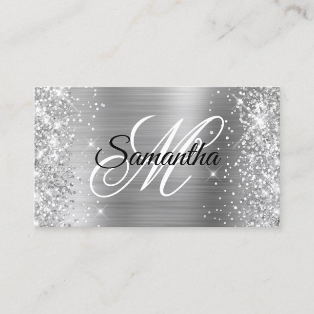 Silver Glitter and Foil Fancy Monogram Profile Business Card (Front)
