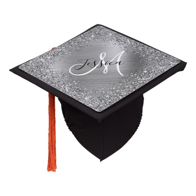 Silver Glitter and Foil Girly Glam Monogram Graduation Cap Topper (Angled)