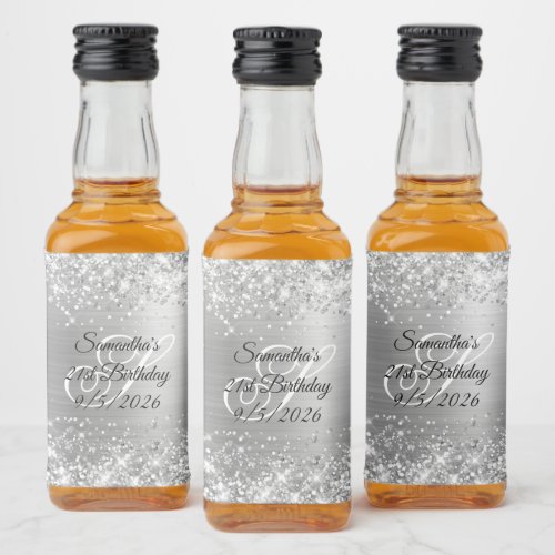 Silver Glitter and Foil Monogram 21st Birthday Liquor Bottle Label