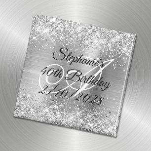 Silver Glitter and Foil Monogrammed 40th Birthday Magnet