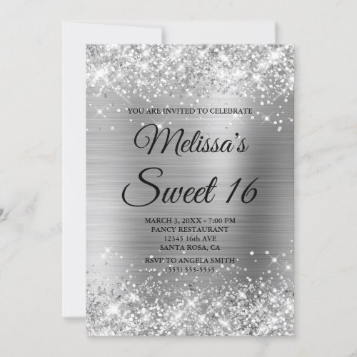 Silver Glitter and Foil Sweet 16 Fancy Monogram Invitation