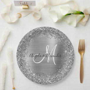 Silver Glitter and Foil Wedding Monogram Paper Plates