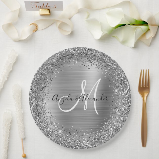 Silver Glitter and Foil Wedding Monogram Paper Plates (Wedding)