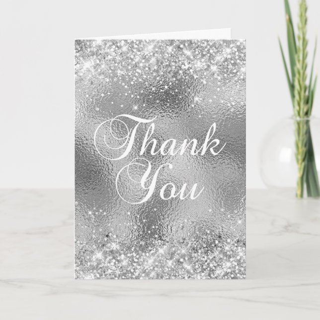Silver Glitter and Glass Foil Thank You Card (Front)