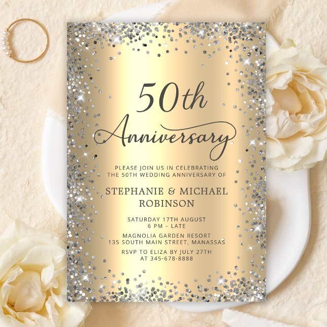  Silver Glitter and Gold 50th Wedding Anniversary Invitation (Creator Uploaded)