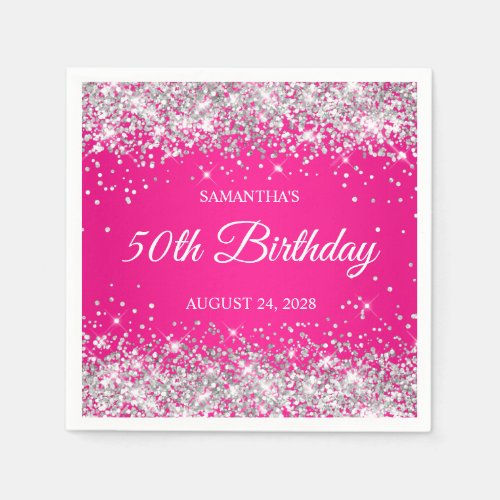 Silver Glitter and Hot Pink 50th Birthday Napkins