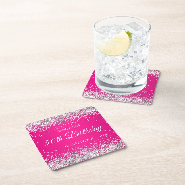 Silver Glitter and Hot Pink 50th Birthday Square Paper Coaster (Insitu)
