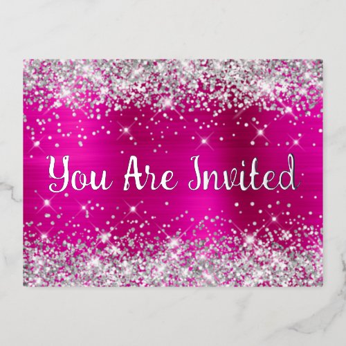 Silver Glitter and Hot Pink Glam 30th Birthday Foil Invitation Postcard