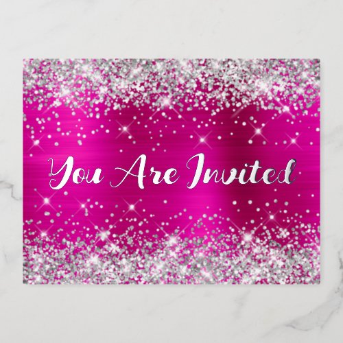 Silver Glitter and Hot Pink Glam 40th Birthday Foil Invitation Postcard