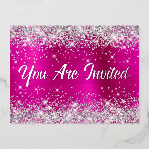 Silver Glitter and Hot Pink Glam 50th Birthday Foil Invitation Postcard
