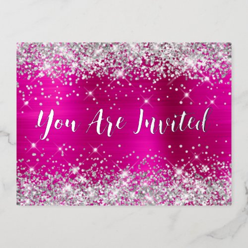 Silver Glitter and Hot Pink Glam 70th Birthday Foil Invitation Postcard