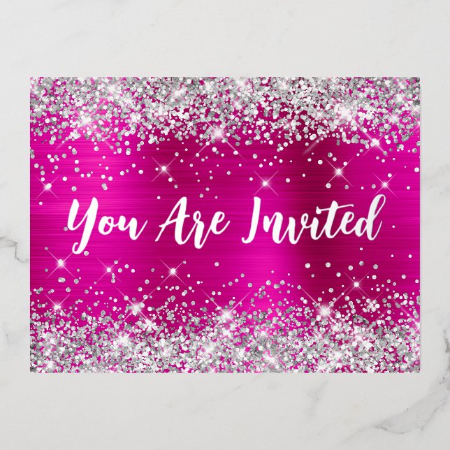 Silver Glitter and Hot Pink Glam 70th Birthday Foil Invitation Postcard (Front)