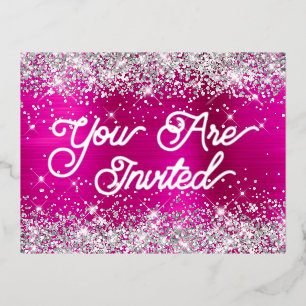 Silver Glitter and Hot Pink Glam 80th Birthday Foil Invitation Postcard