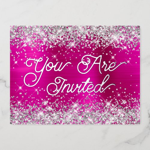 Silver Glitter and Hot Pink Glam 80th Birthday Foil Invitation Postcard