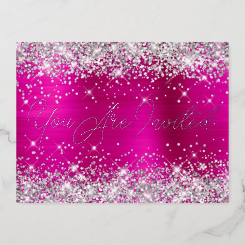 Silver Glitter and Hot Pink Glam 90th Birthday Foil Invitation Postcard