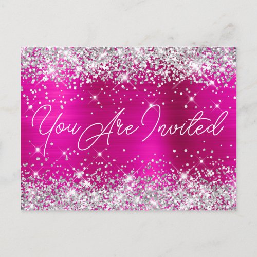 Silver Glitter and Hot Pink Glam 90th Birthday Invitation Postcard