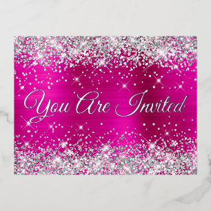 Silver Glitter and Hot Pink Glam Quinceañera Foil Invitation Postcard