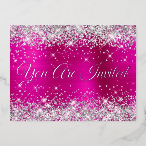 Silver Glitter and Hot Pink Glam Quinceaera Foil Invitation Postcard