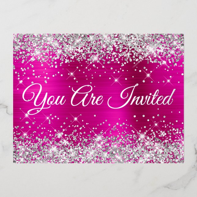 Silver Glitter and Hot Pink Glam Sweet 16 Foil Invitation Postcard (Front)