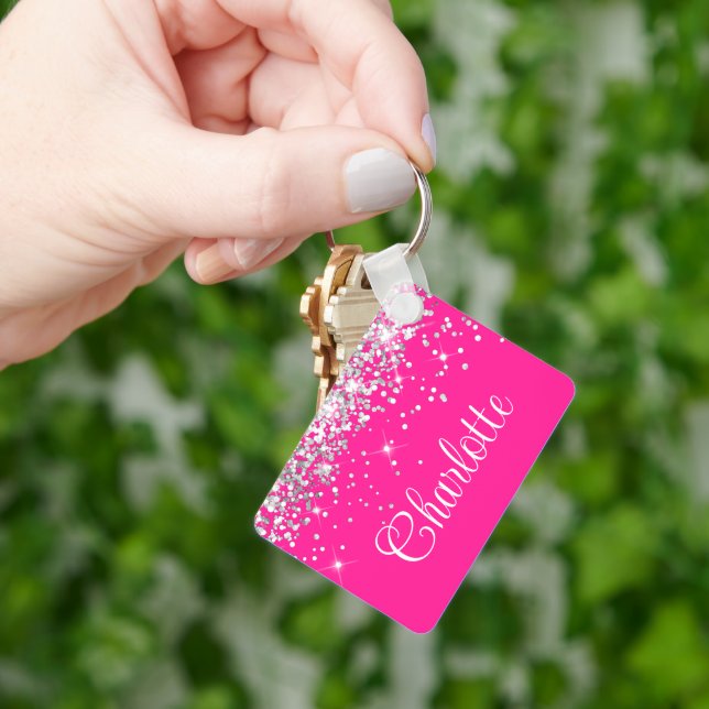 Silver Glitter and Hot Pink Monogram Keychain (Hand)