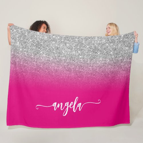 Silver Glitter and Hot Pink Ombre Personalized Fleece Blanket