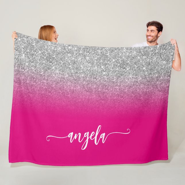 Silver Glitter and Hot Pink Ombre Personalized Fleece Blanket (In Situ)