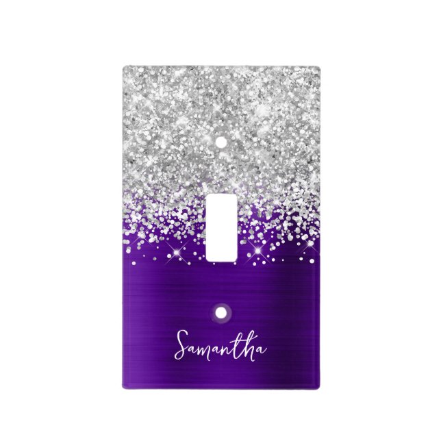 Silver Glitter and Indigo Purple Glam Light Switch Cover (Front)